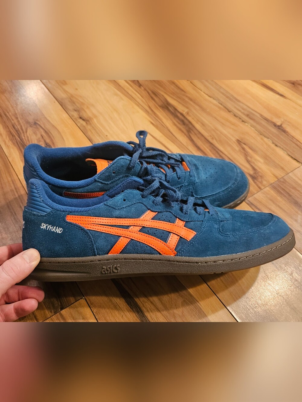 ASICS Skyhand Blue Suede Sneakers with Orange Accents Size 11.5